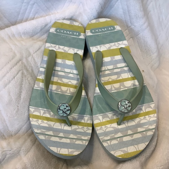 Coach Signature Logo Striped Flip Flops Beach Sandals Women’s 9/10. - Picture 1 of 9